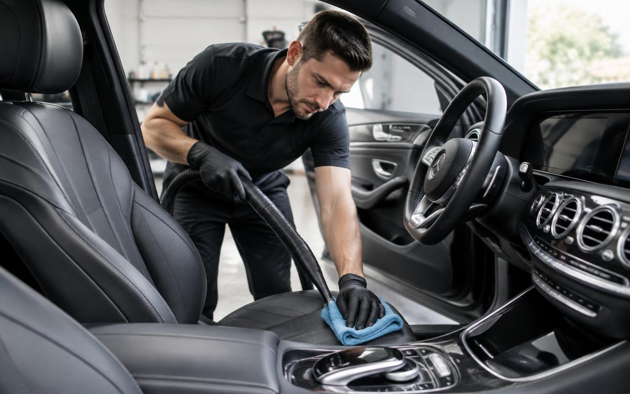 Detailer cleaning a vehicle interior