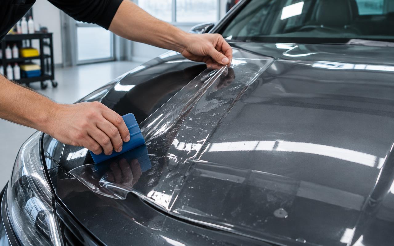 Clear protective film applied to a car hood