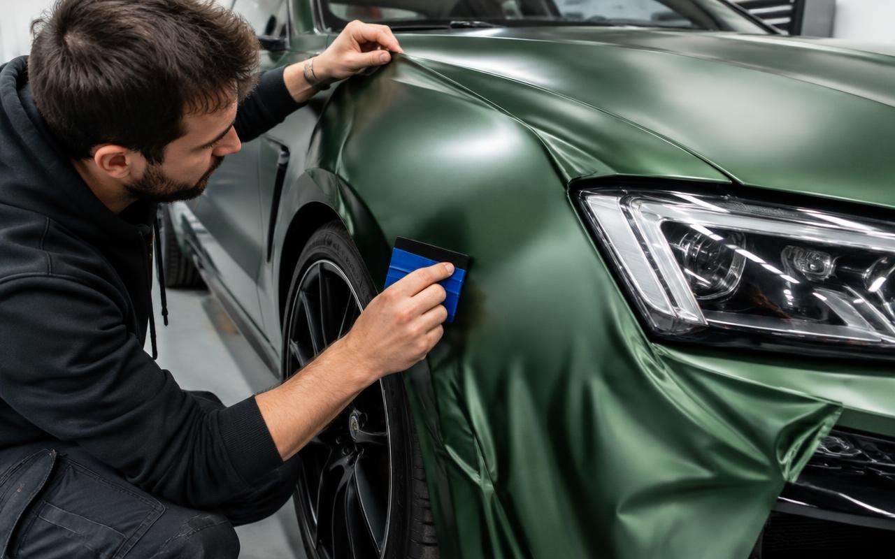Green vinyl wrap being fitted to a car