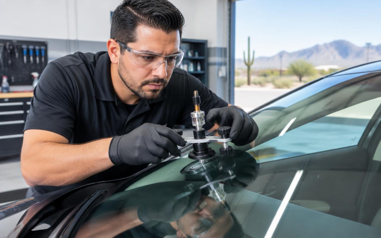 Technician working on a car windshield